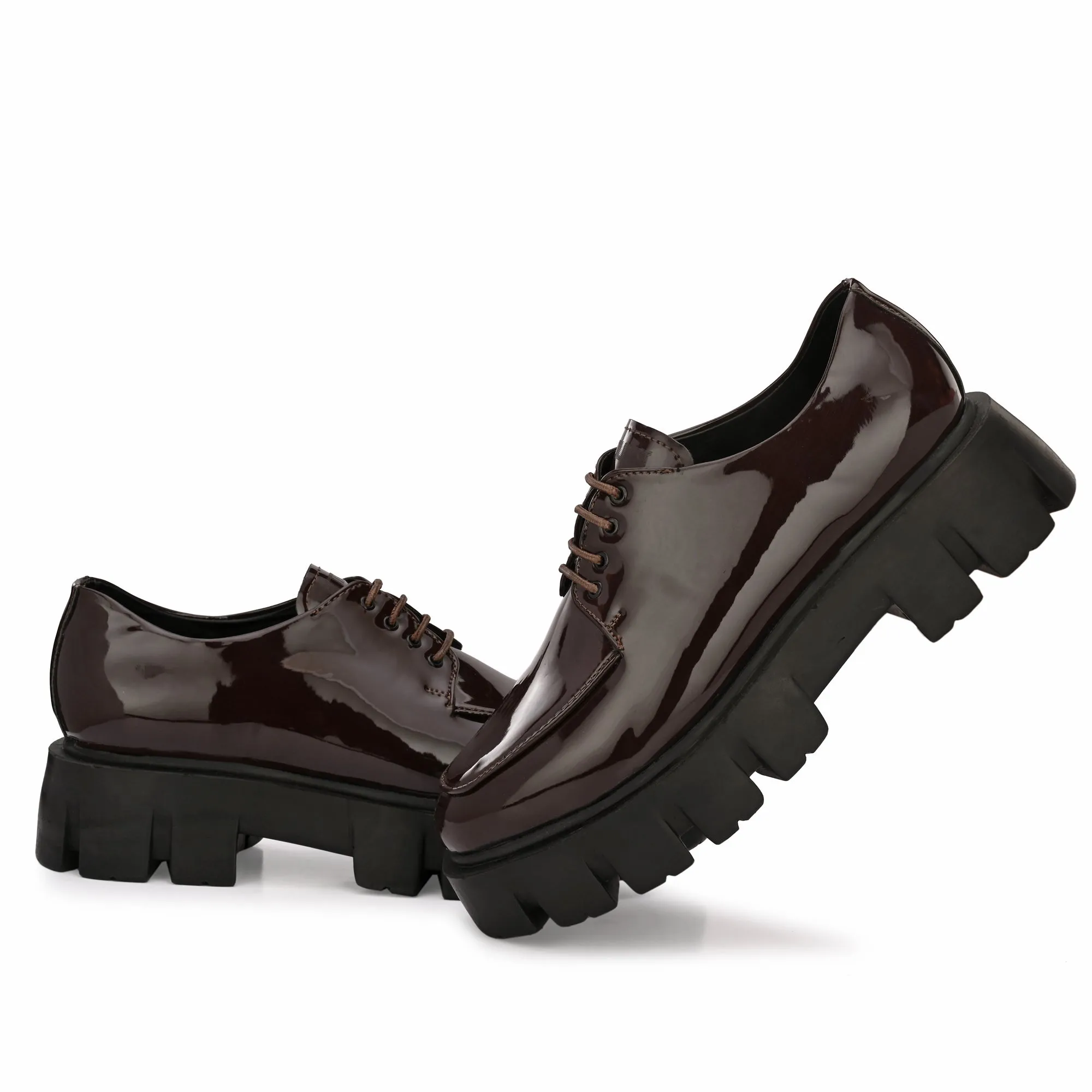 Attitudist Unisex Glossy Brown High Heel Derby Shoes