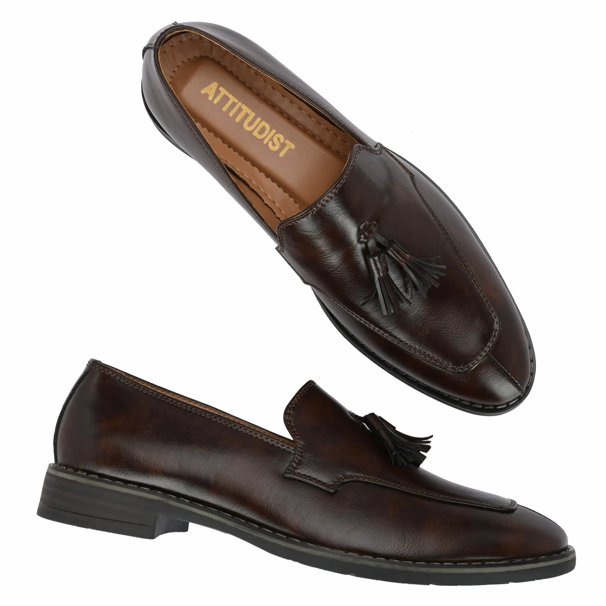 Attitudist Unisex Handcrafted Brown Plain Tassel Loafer With Double Stitched Vamp