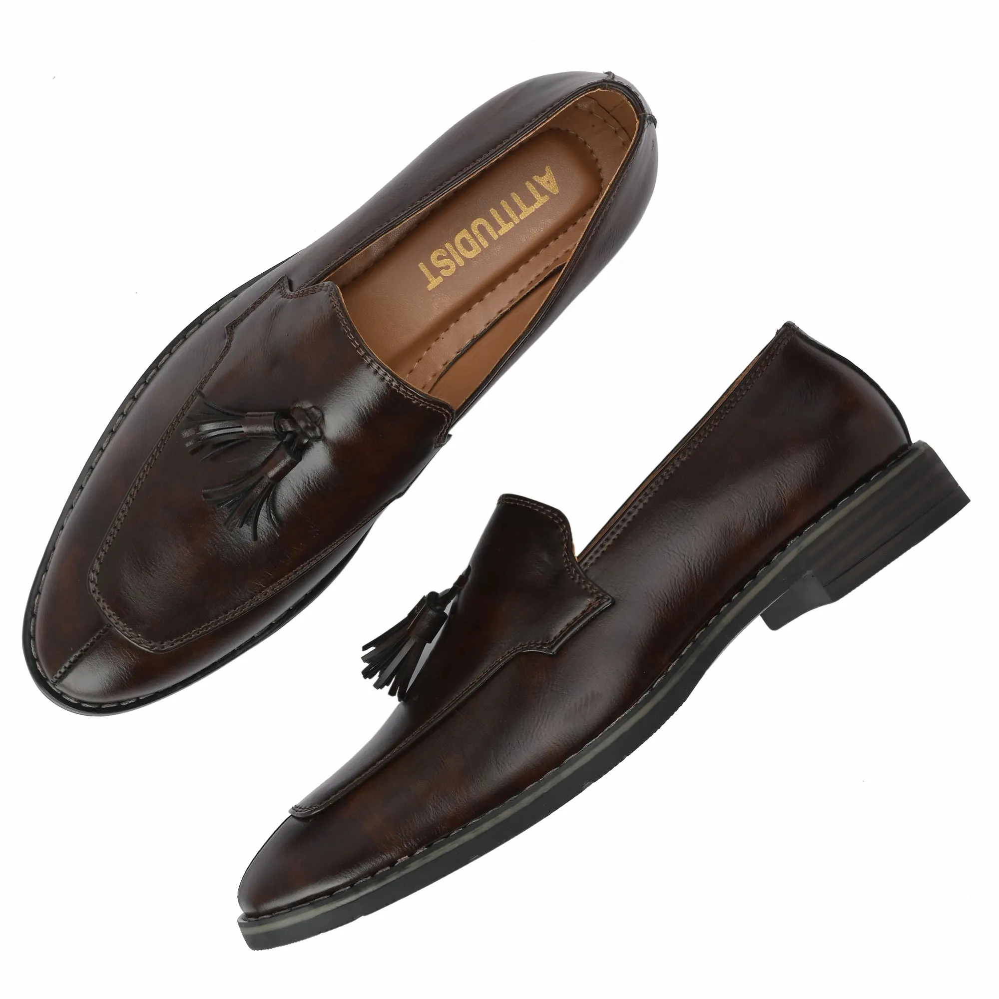 Attitudist Unisex Handcrafted Brown Plain Tassel Loafer With Double Stitched Vamp