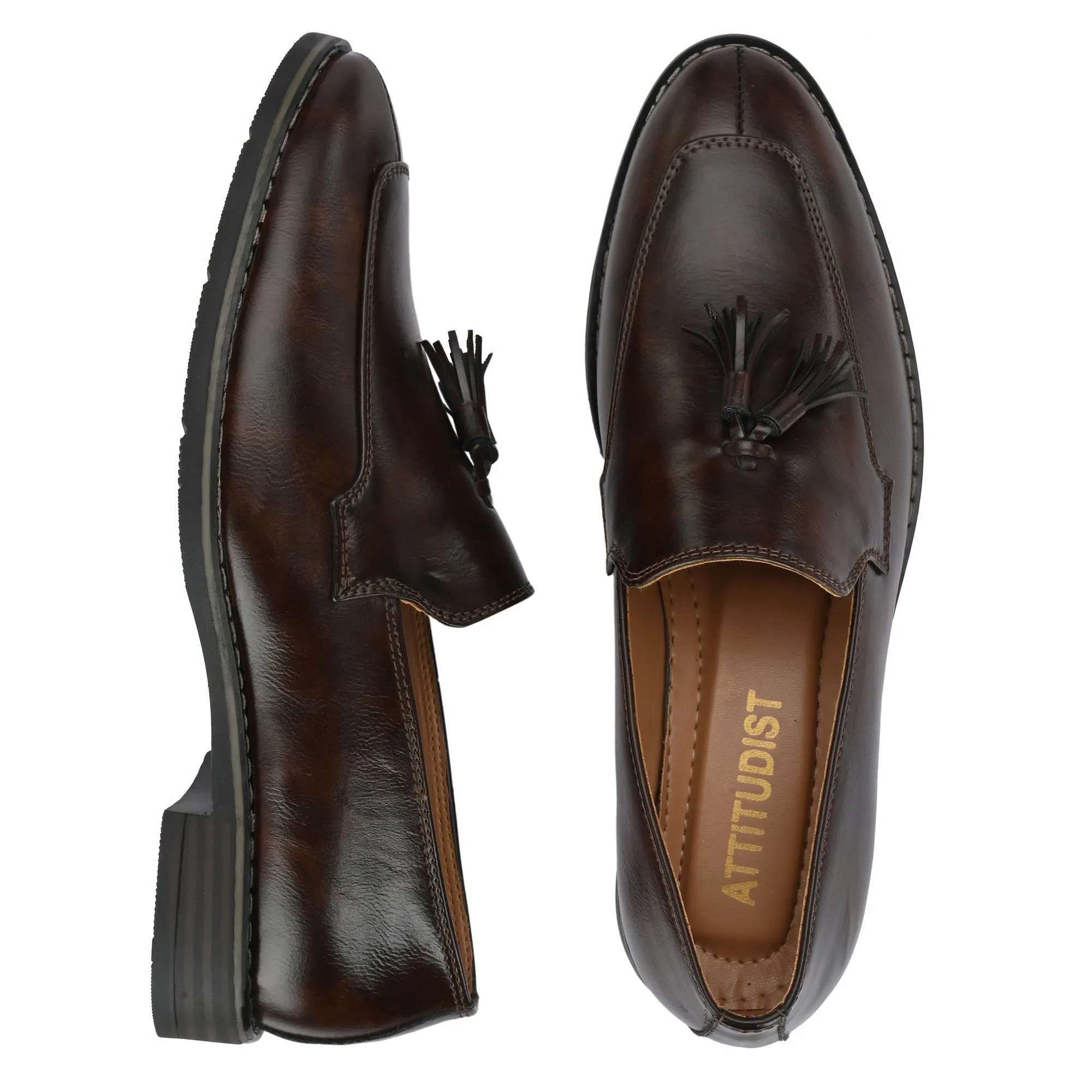 Attitudist Unisex Handcrafted Brown Plain Tassel Loafer With Double Stitched Vamp