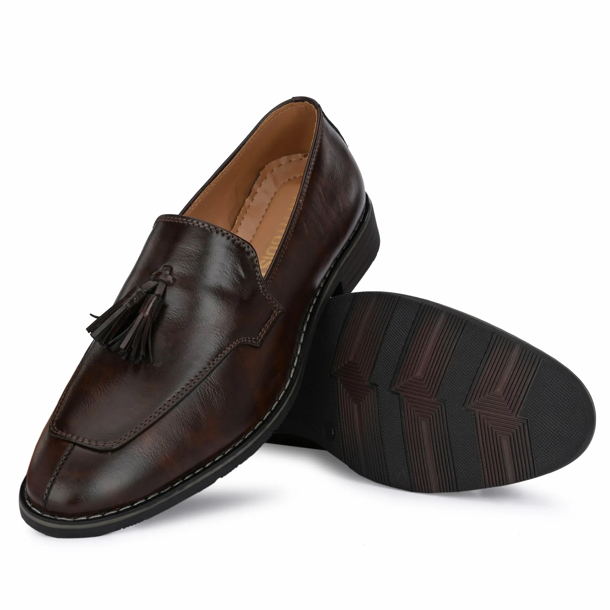 Attitudist Unisex Handcrafted Brown Plain Tassel Loafer With Double Stitched Vamp