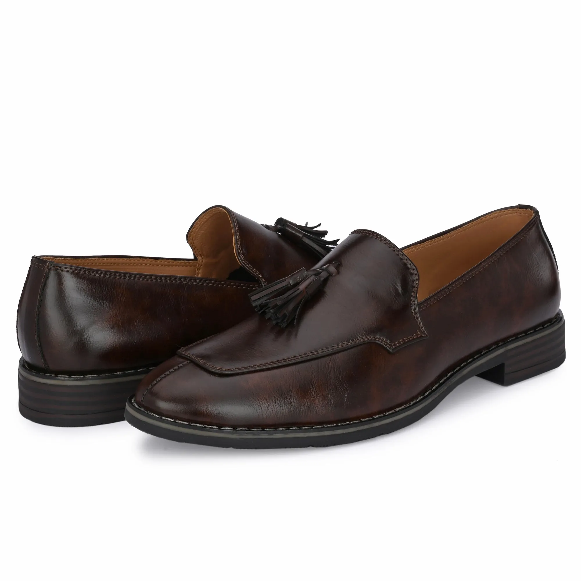 Attitudist Unisex Handcrafted Brown Plain Tassel Loafer With Double Stitched Vamp