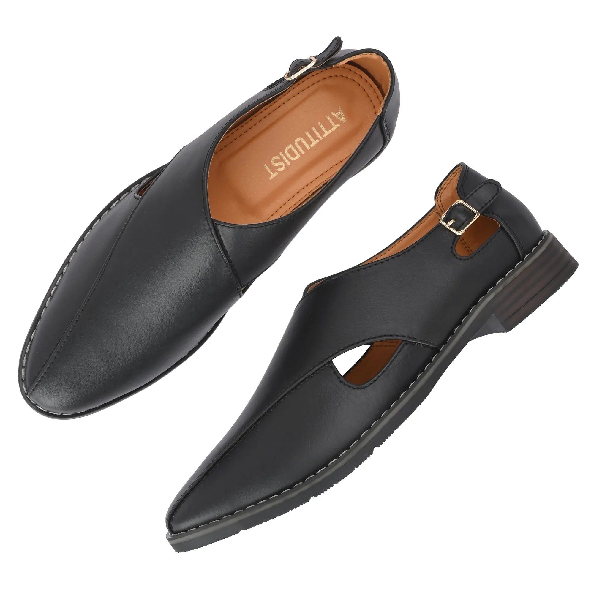 Attitudist Unisex Handcrafted Criss Cross Matte Black Formal Loafer Peshawari Shoes With A Buckle