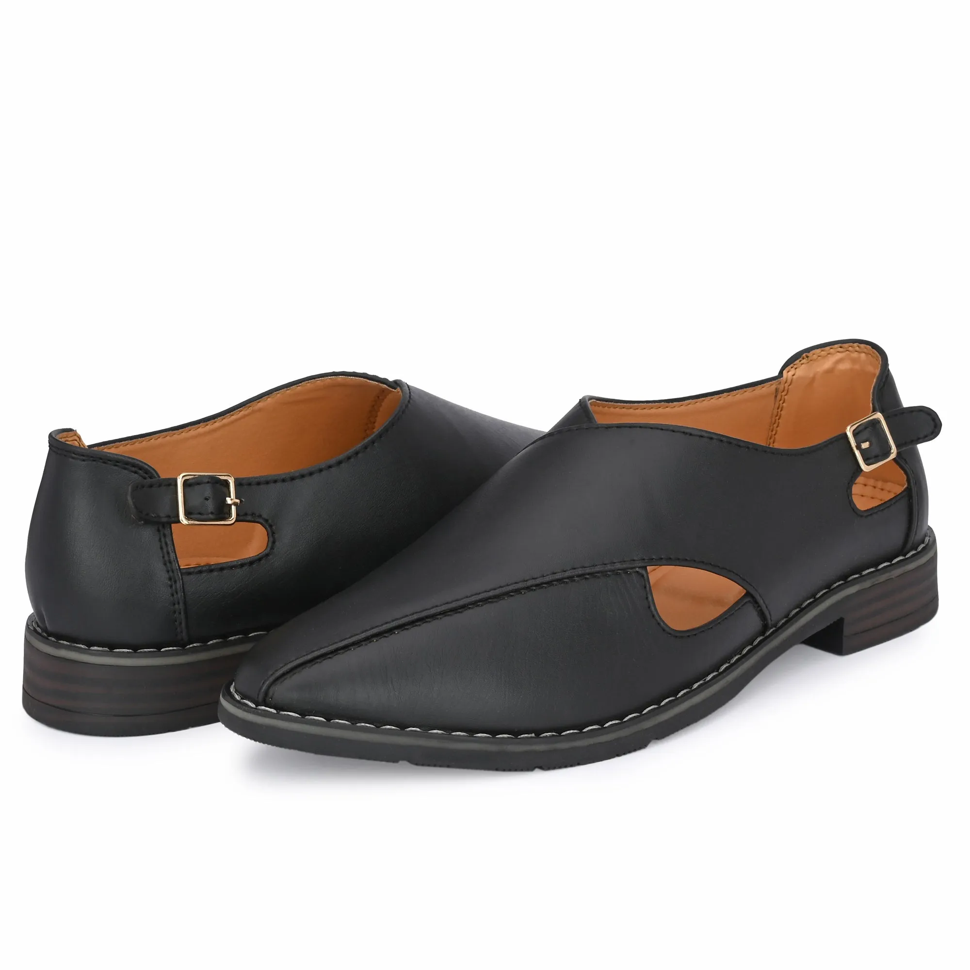 Attitudist Unisex Handcrafted Criss Cross Matte Black Formal Loafer Peshawari Shoes With A Buckle