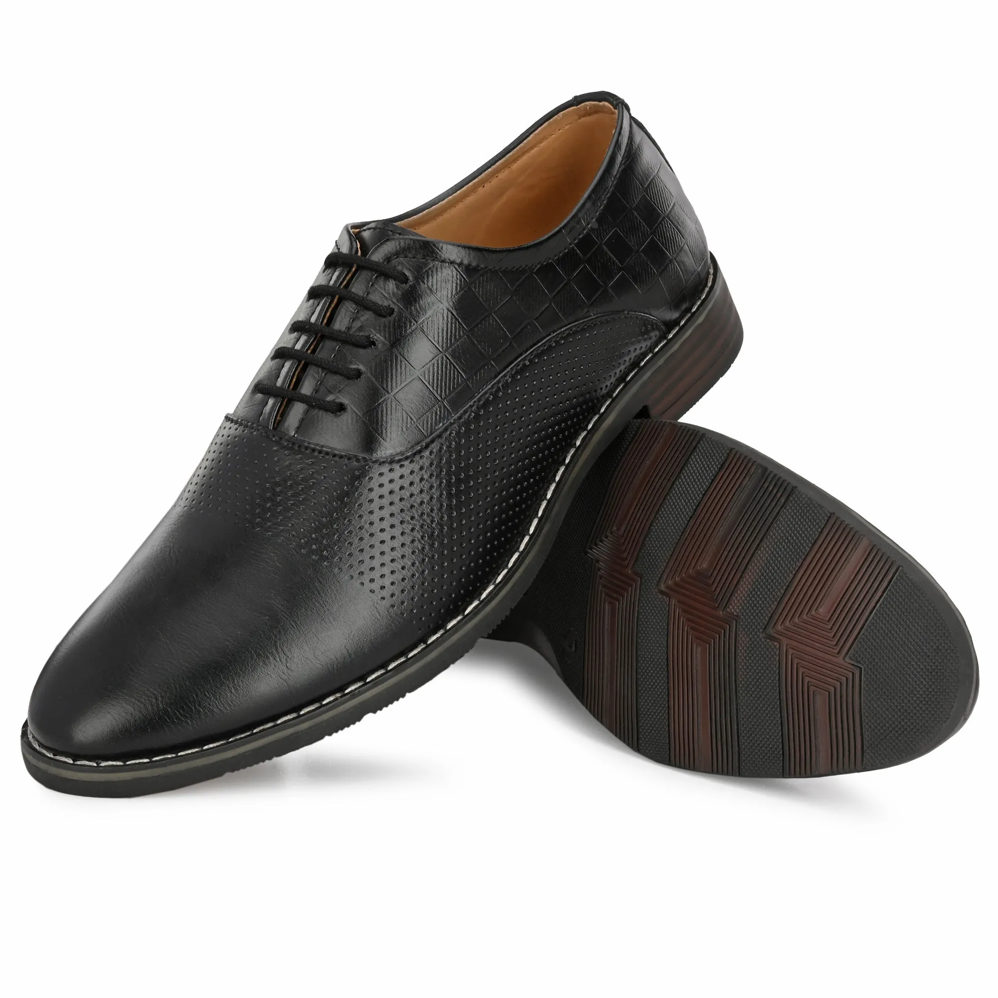 Attitudist Unisex Handcrafted Oxford Black Formal Laceup Derby Shoes With Textured Upper Material