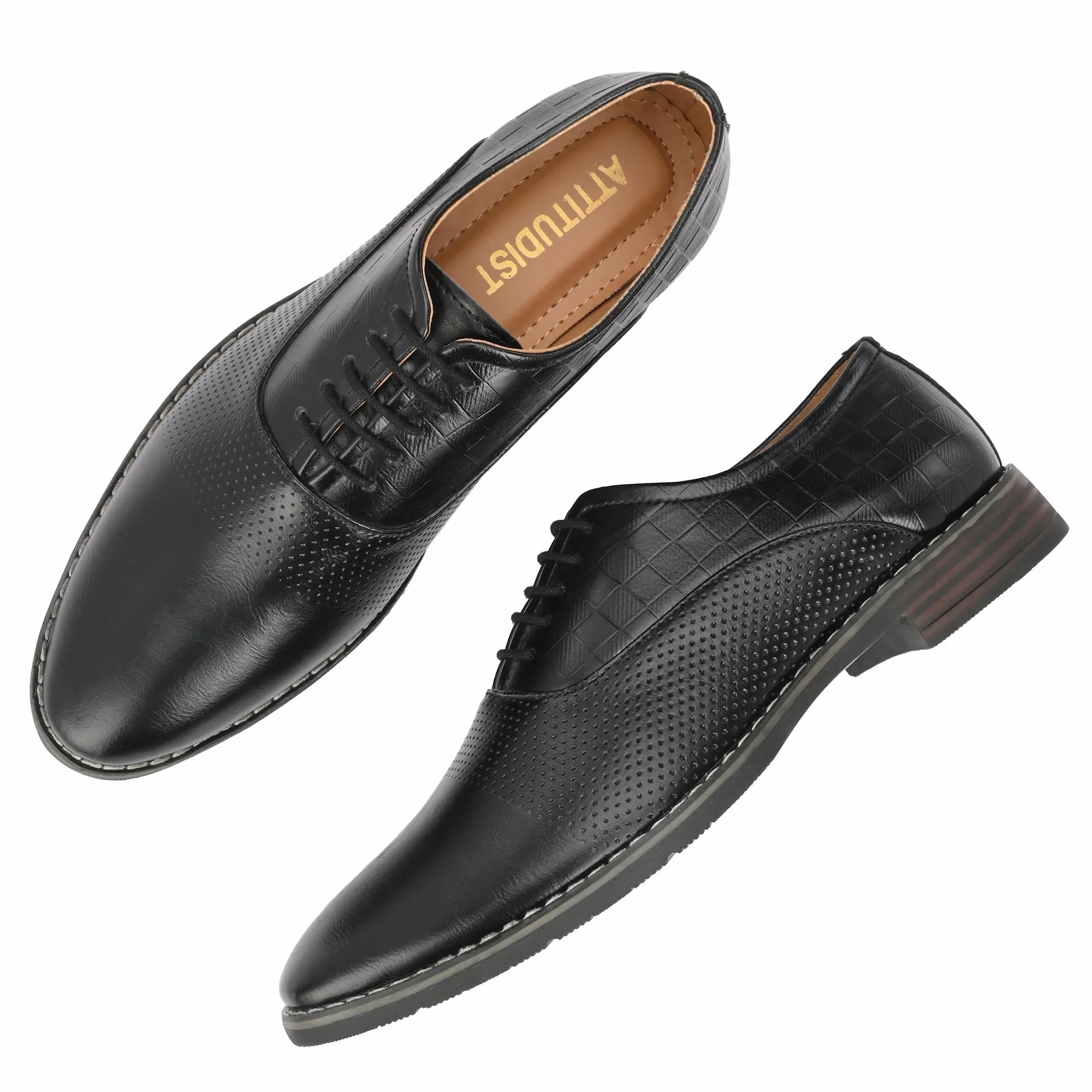 Attitudist Unisex Handcrafted Oxford Black Formal Laceup Derby Shoes With Textured Upper Material