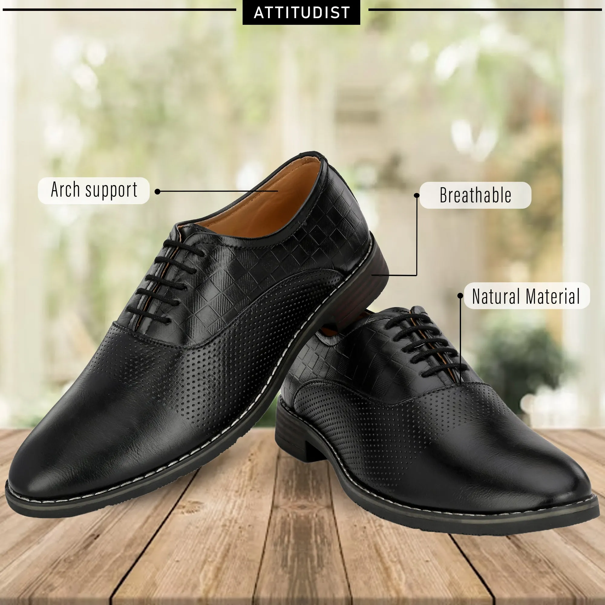 Attitudist Unisex Handcrafted Oxford Black Formal Laceup Derby Shoes With Textured Upper Material