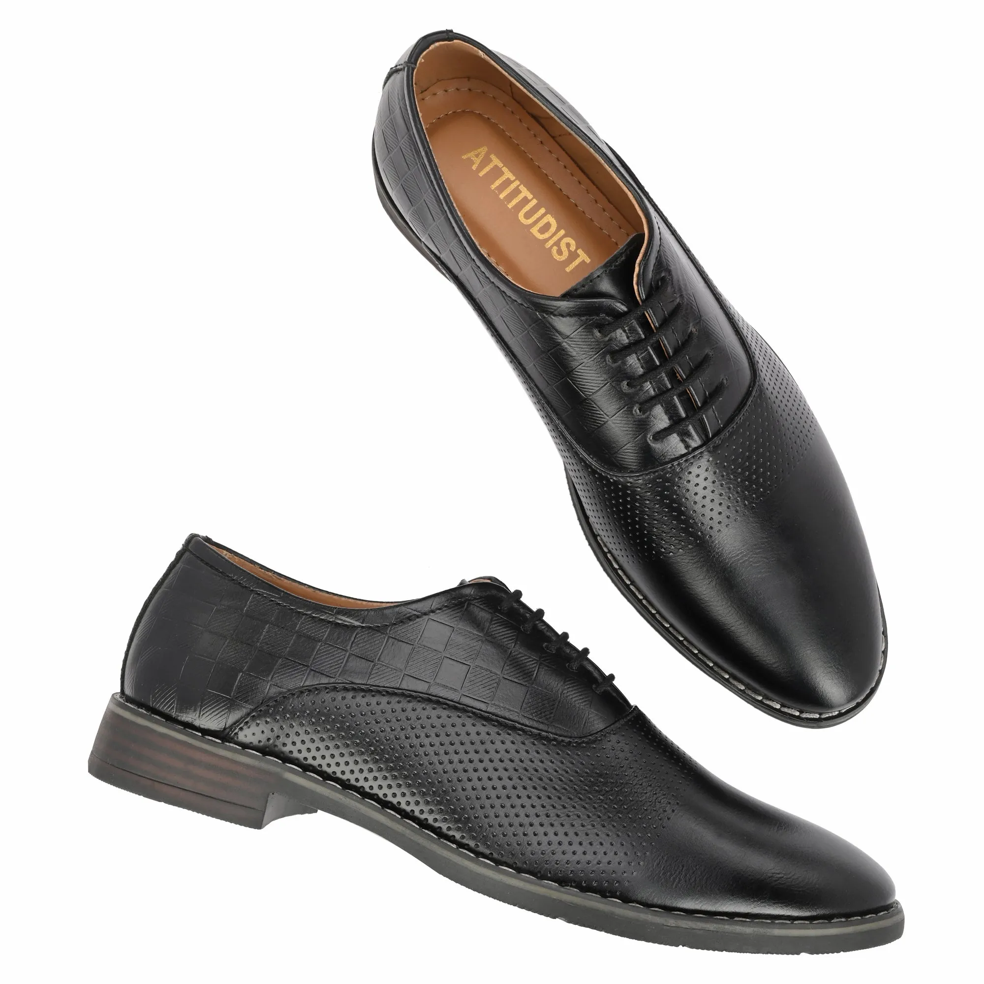 Attitudist Unisex Handcrafted Oxford Black Formal Laceup Derby Shoes With Textured Upper Material