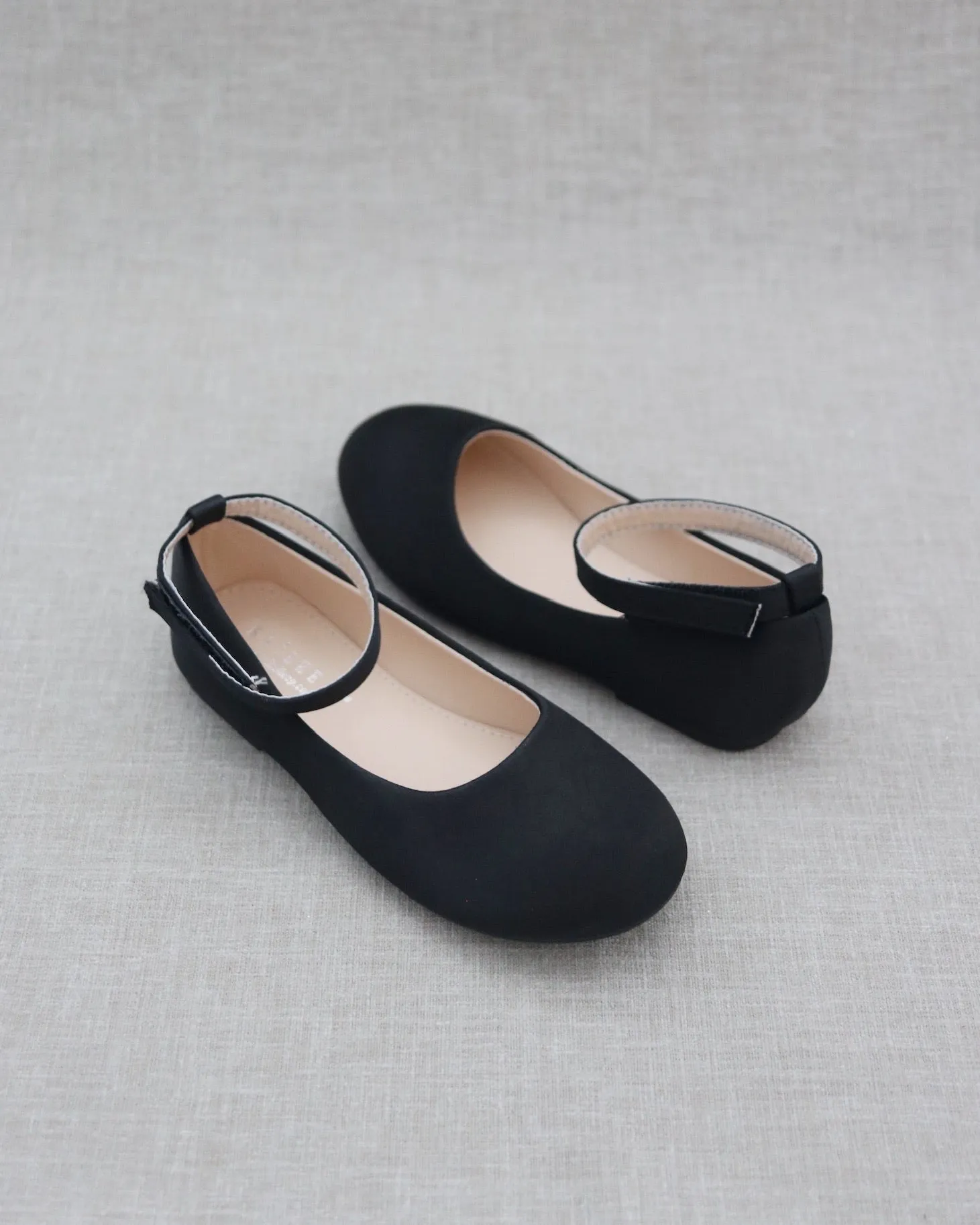 Black Satin Flats with Velcro Ankle Strap