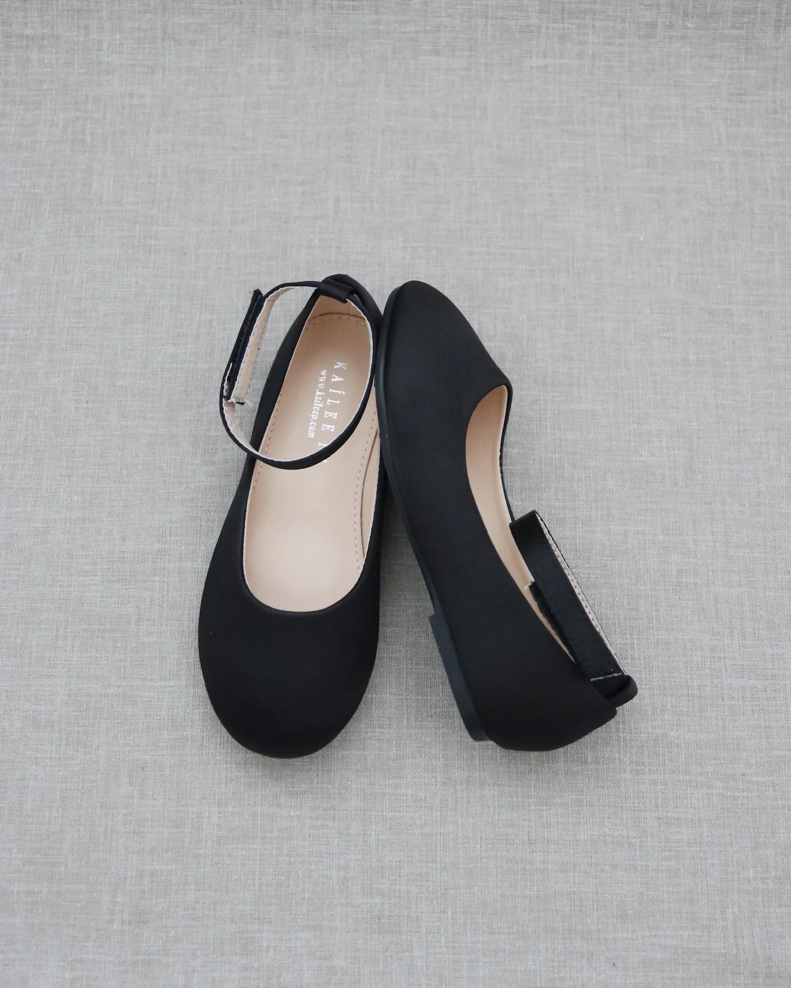 Black Satin Flats with Velcro Ankle Strap