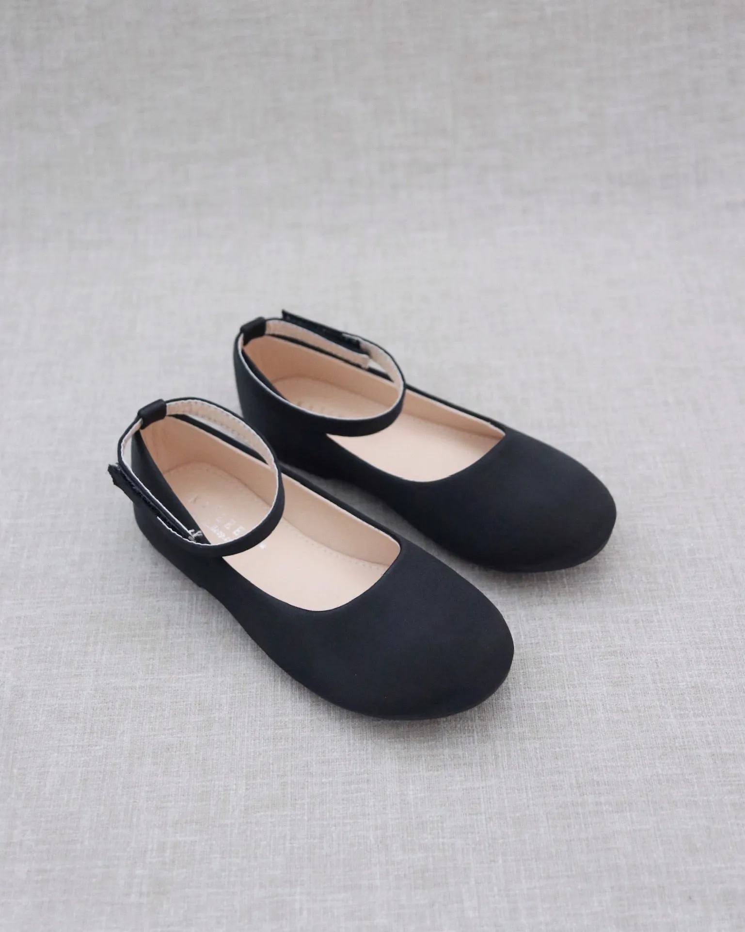 Black Satin Flats with Velcro Ankle Strap