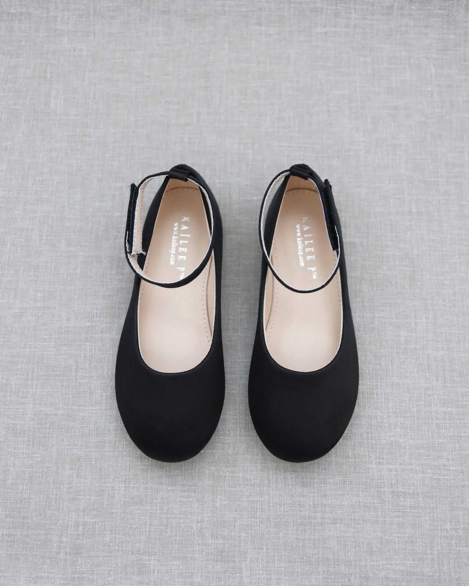 Black Satin Flats with Velcro Ankle Strap