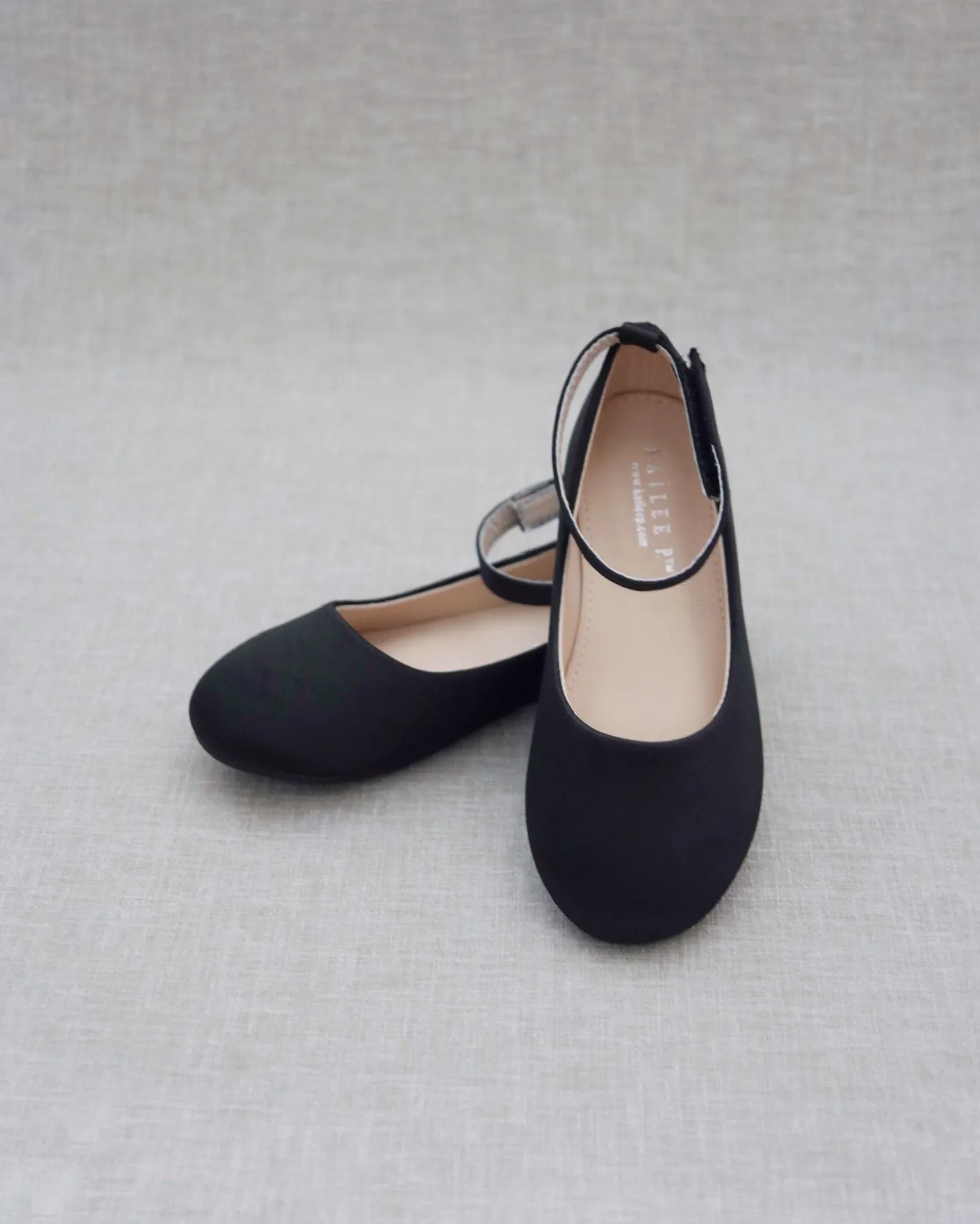 Black Satin Flats with Velcro Ankle Strap