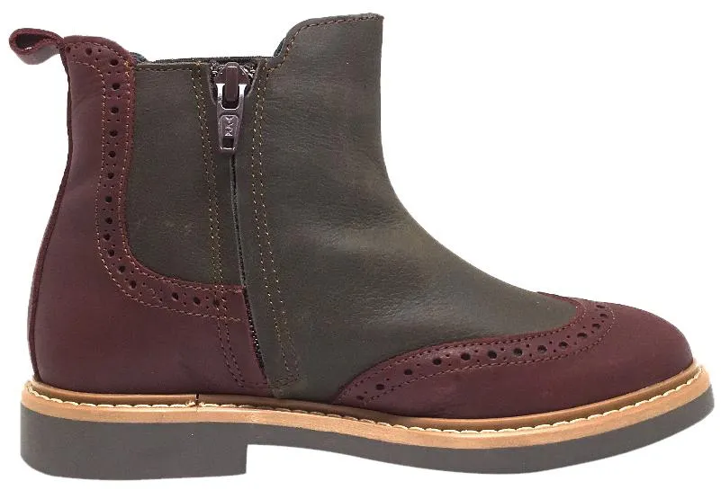 BluBlonc Girl's & Boy's Burgundy Tan & Olive Leather Tri-Color Zippered Short Ankle Boots