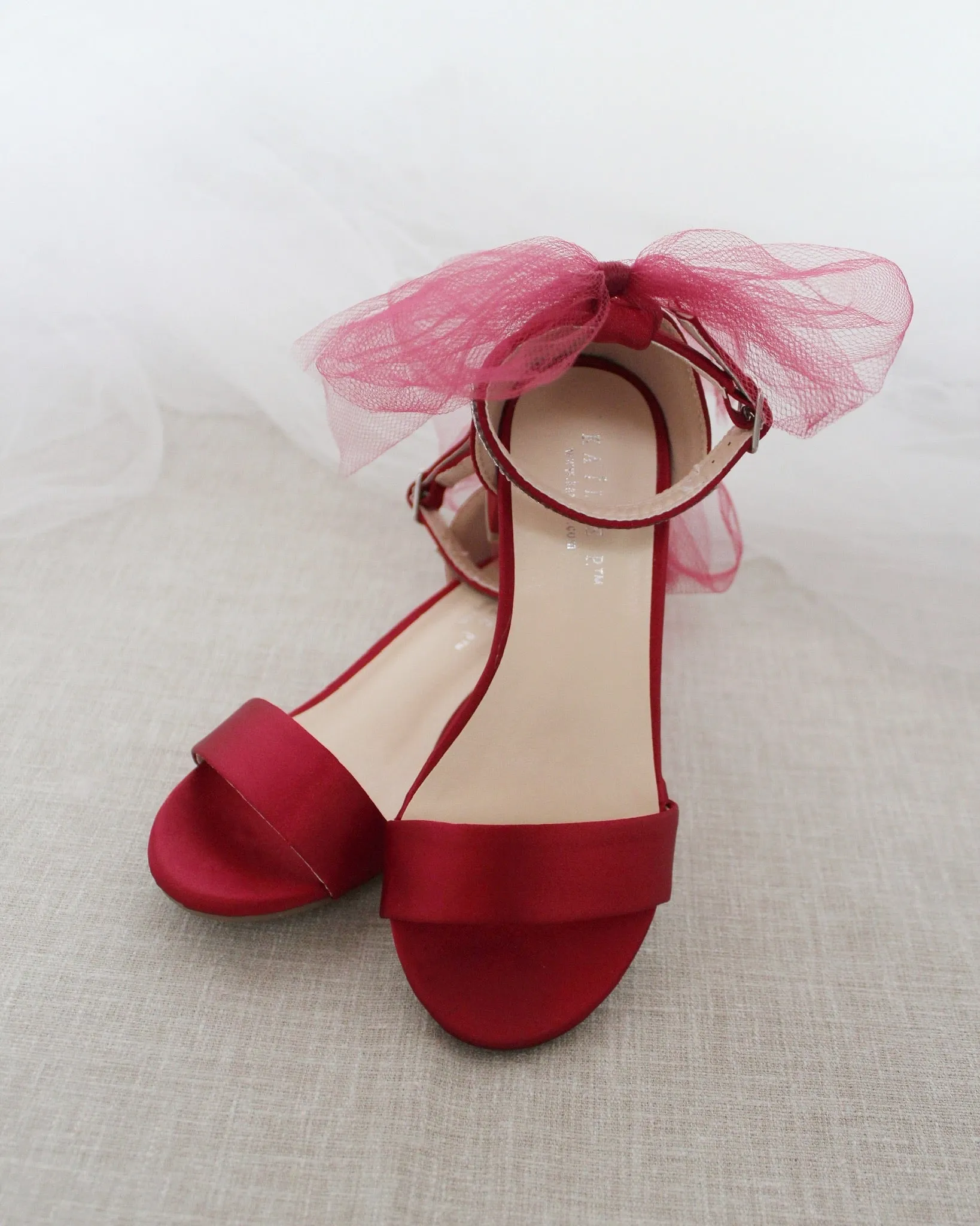 Burgundy Satin Girls Block Heel Sandals with Tulle Back Bow