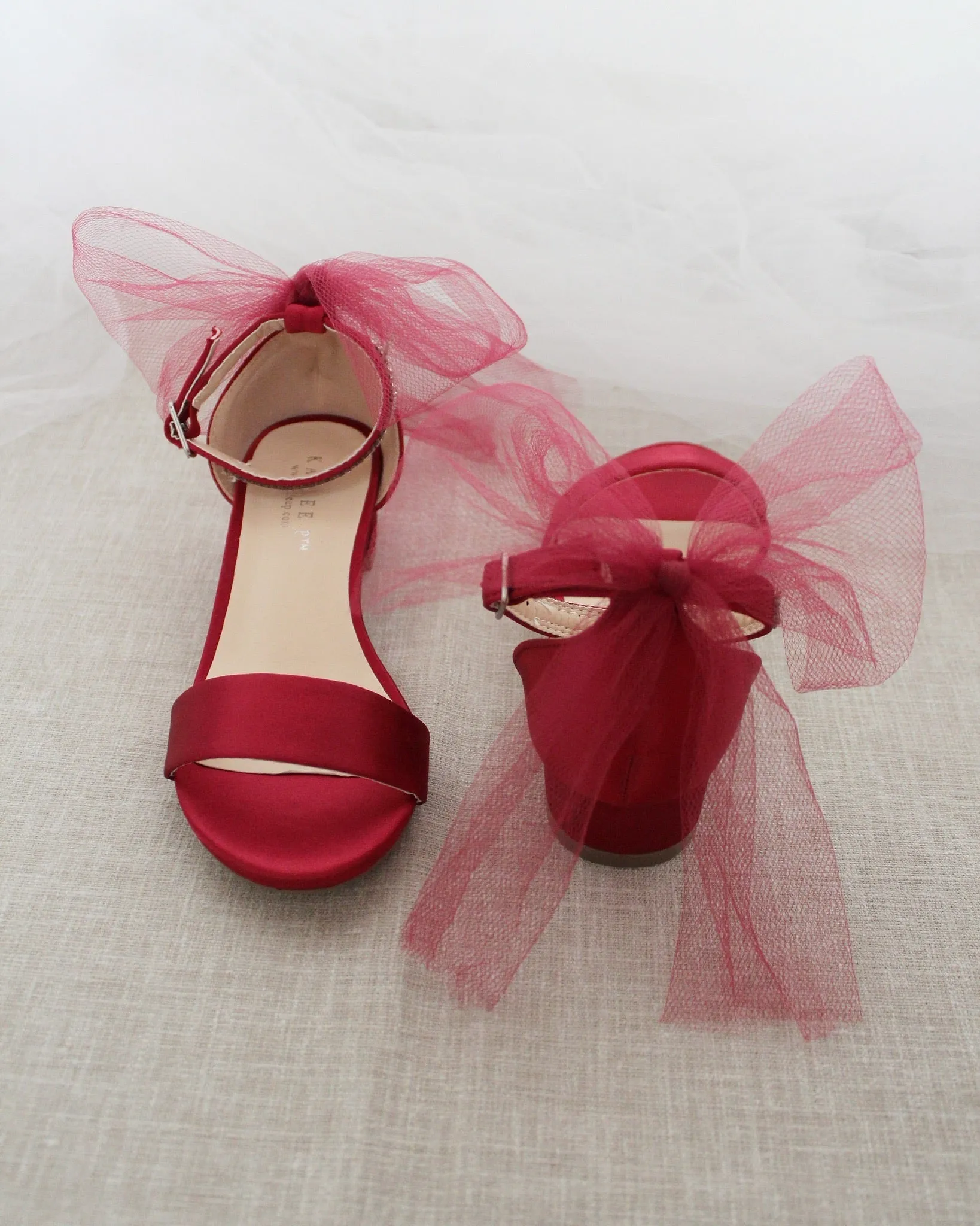 Burgundy Satin Girls Block Heel Sandals with Tulle Back Bow