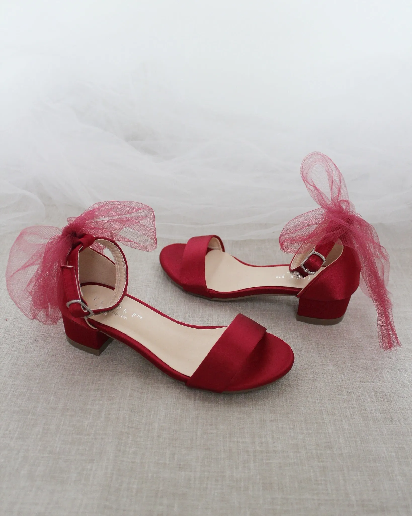 Burgundy Satin Girls Block Heel Sandals with Tulle Back Bow