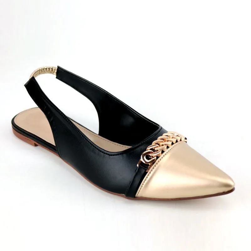 Ch Gold Pointed Bold Chain Flat Slingback Shoes