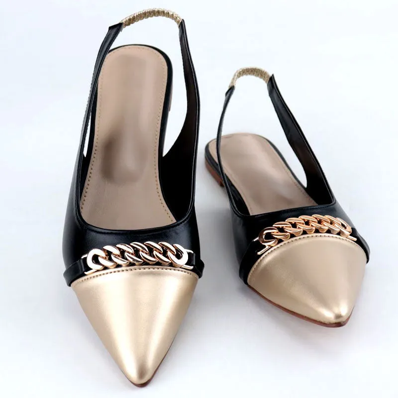 Ch Gold Pointed Bold Chain Flat Slingback Shoes