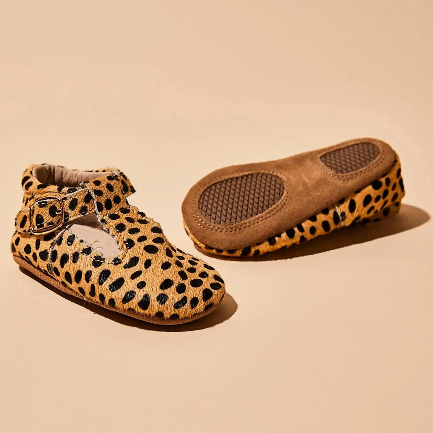 Cheetah Calf Hair Leather Baby T Bar Shoe