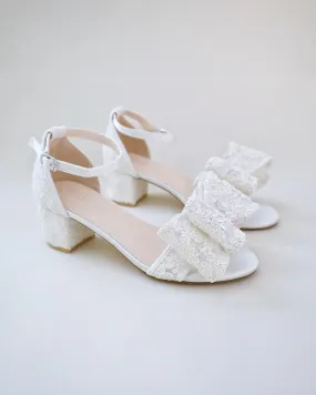 Crochet Lace Block Heel Wedding Sandals with Oversized Lace Bow