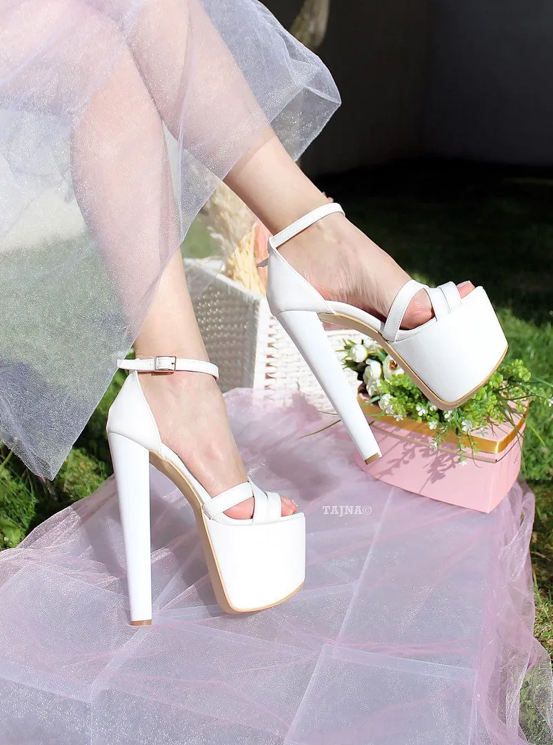 Cross Strap White Patent Wedding Platform Shoes