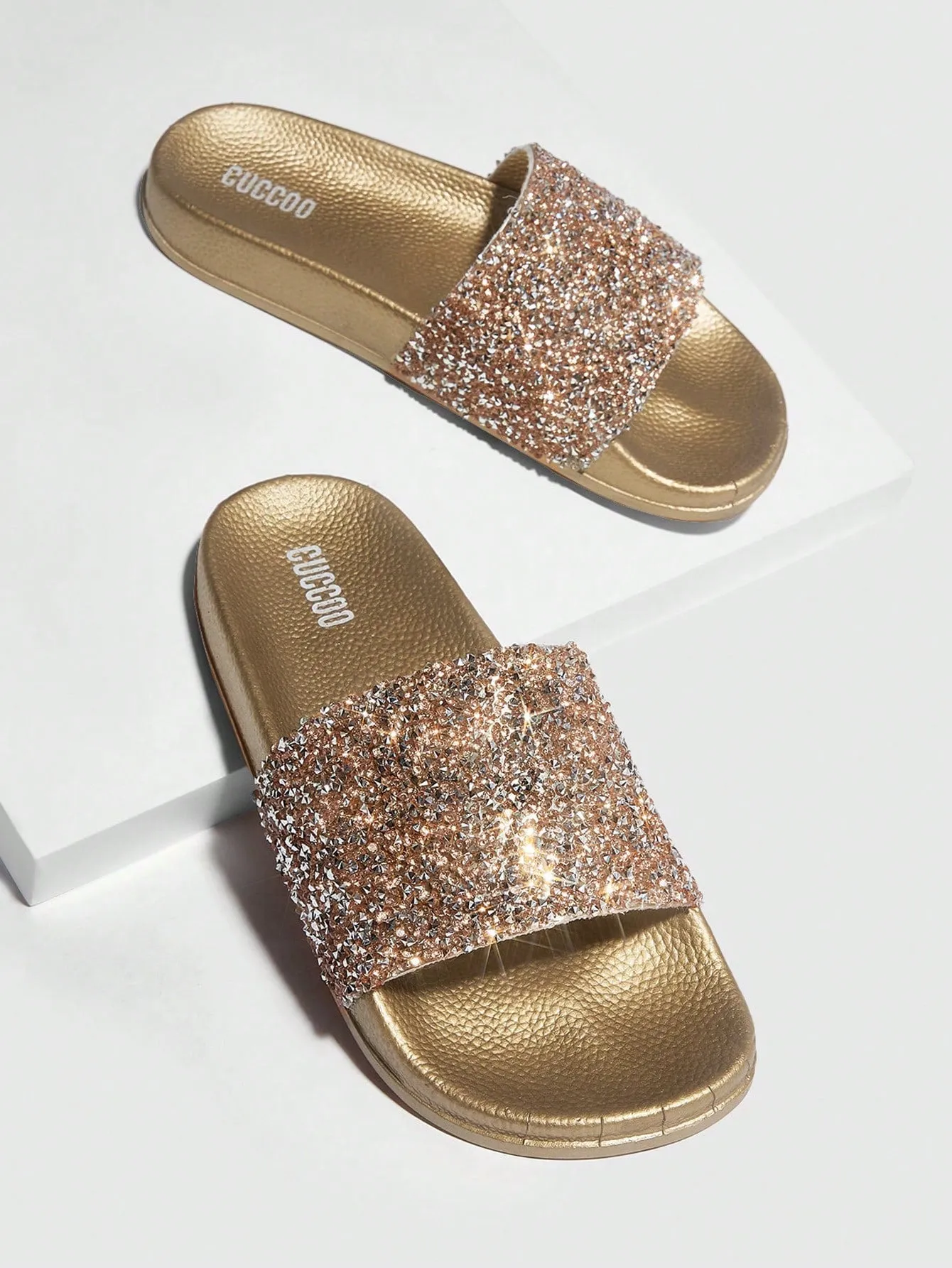 CUCCOO EASI Woman Shoes Glamorous Gold Slides Rhinestone Decor Gold Single Band Slippers For Summer Vacation Shoes Summer Sale Back To School Shoes College Student Shoes