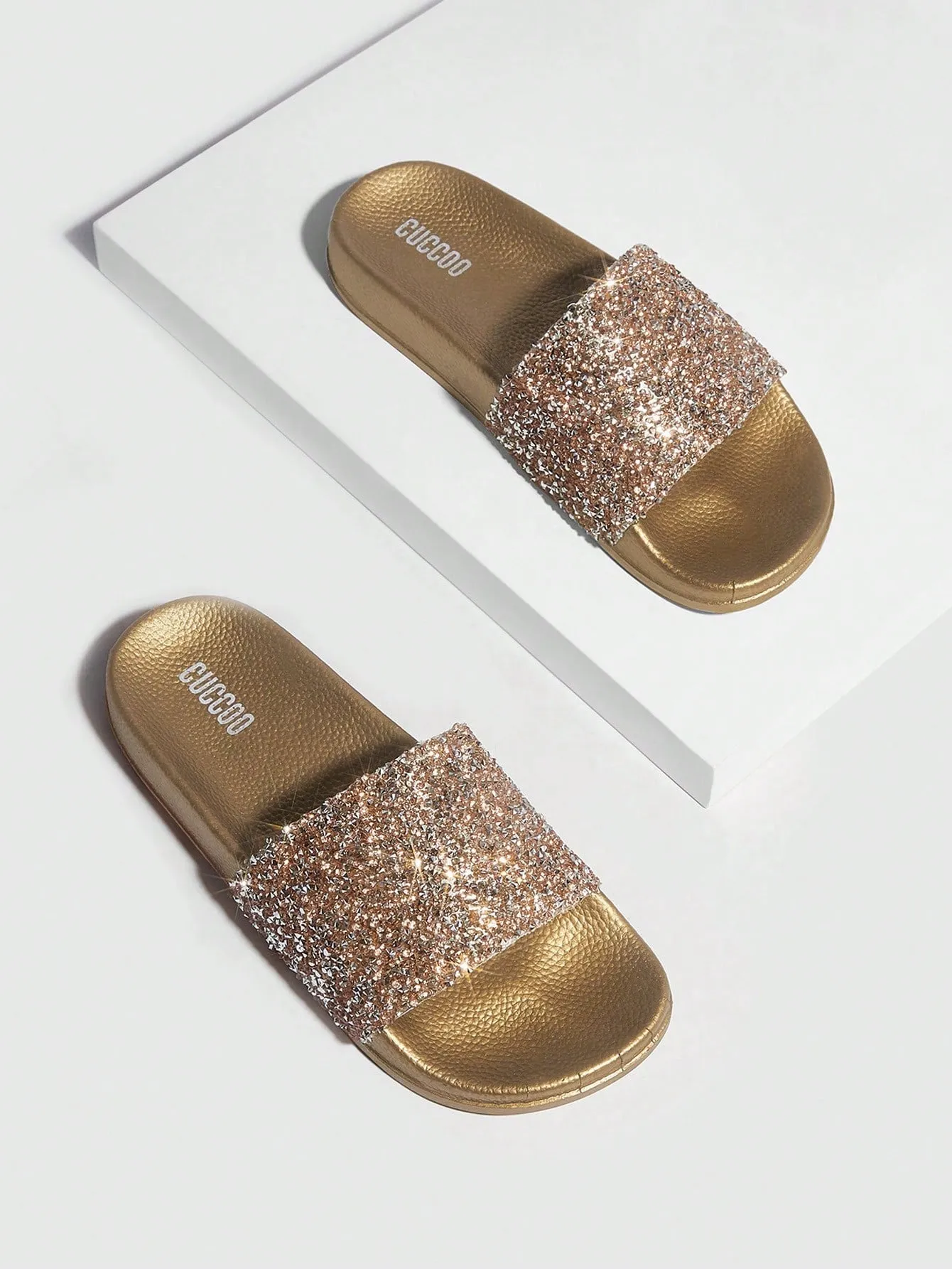 CUCCOO EASI Woman Shoes Glamorous Gold Slides Rhinestone Decor Gold Single Band Slippers For Summer Vacation Shoes Summer Sale Back To School Shoes College Student Shoes