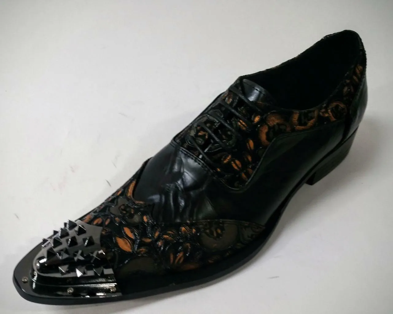 Fiesso Men's Black Floral Leather Metal Toe Lace Up Wing Tip Dress Shoes FI 6840