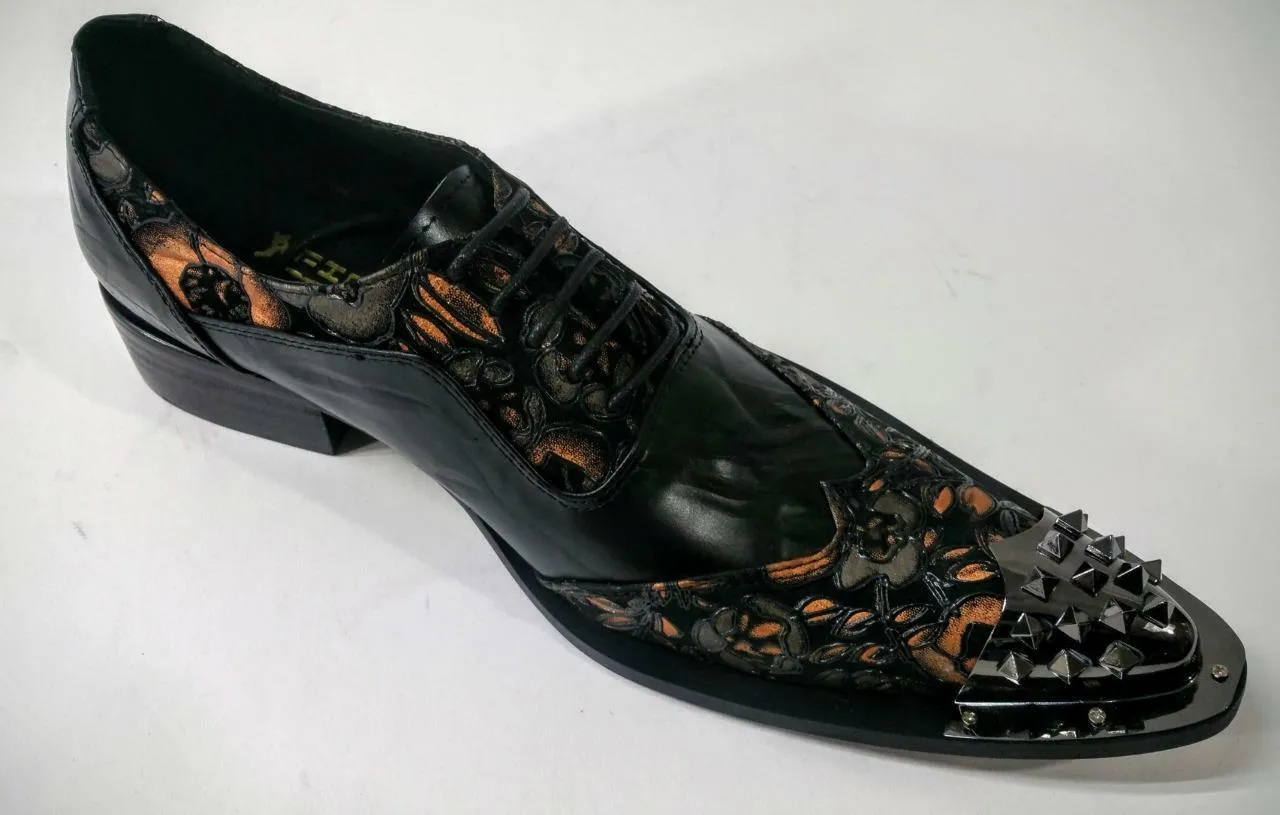 Fiesso Men's Black Floral Leather Metal Toe Lace Up Wing Tip Dress Shoes FI 6840