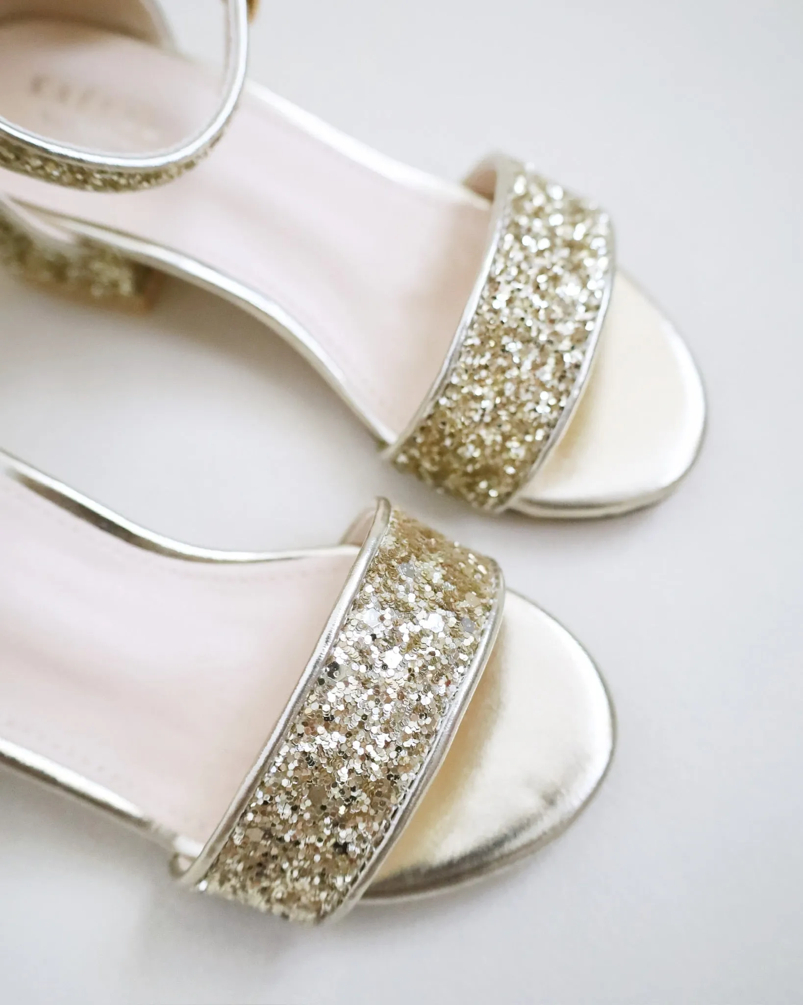 Gold Rock Glitter Low Block Heel Girls Sandals with Back Satin Bow