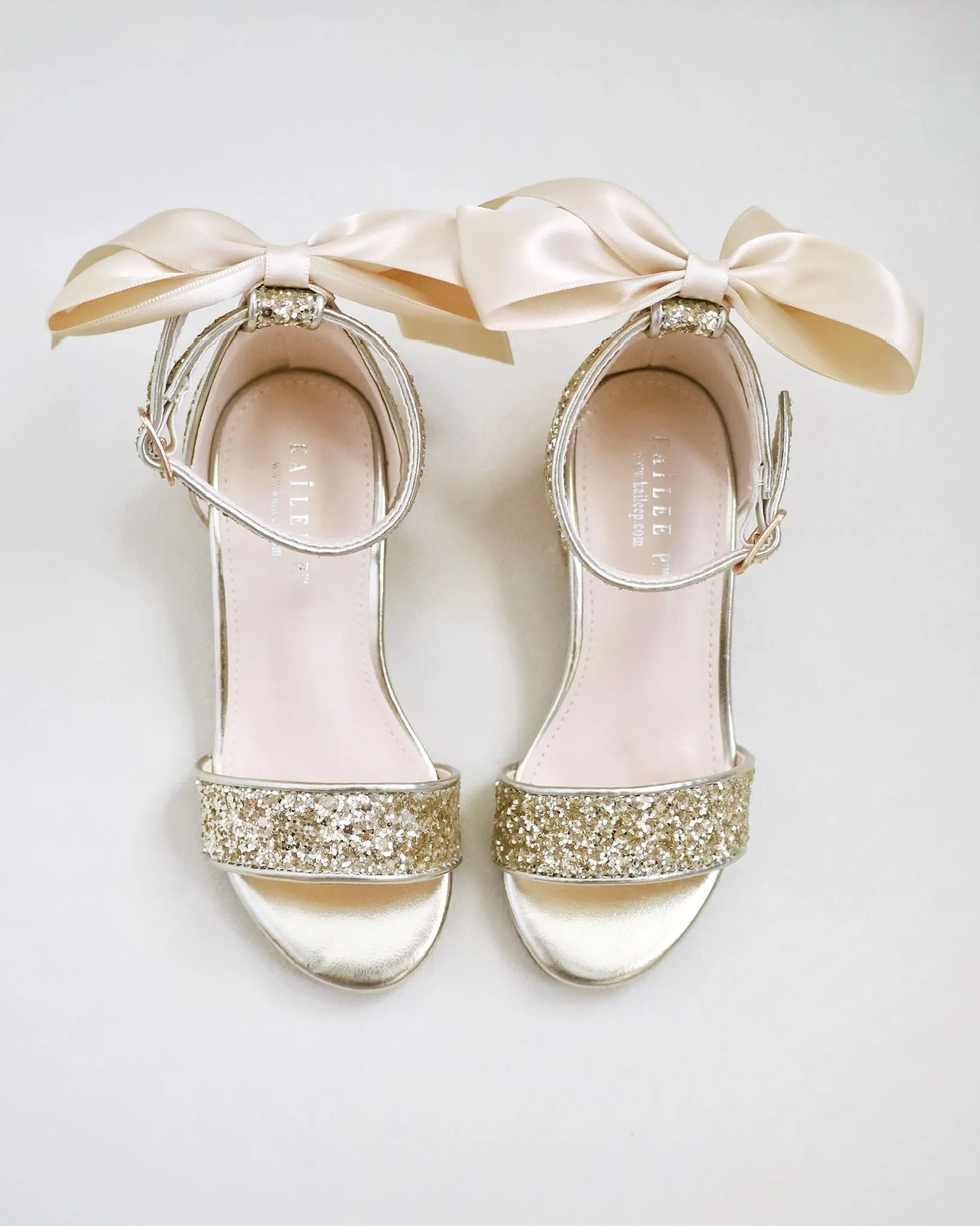 Gold Rock Glitter Low Block Heel Girls Sandals with Back Satin Bow