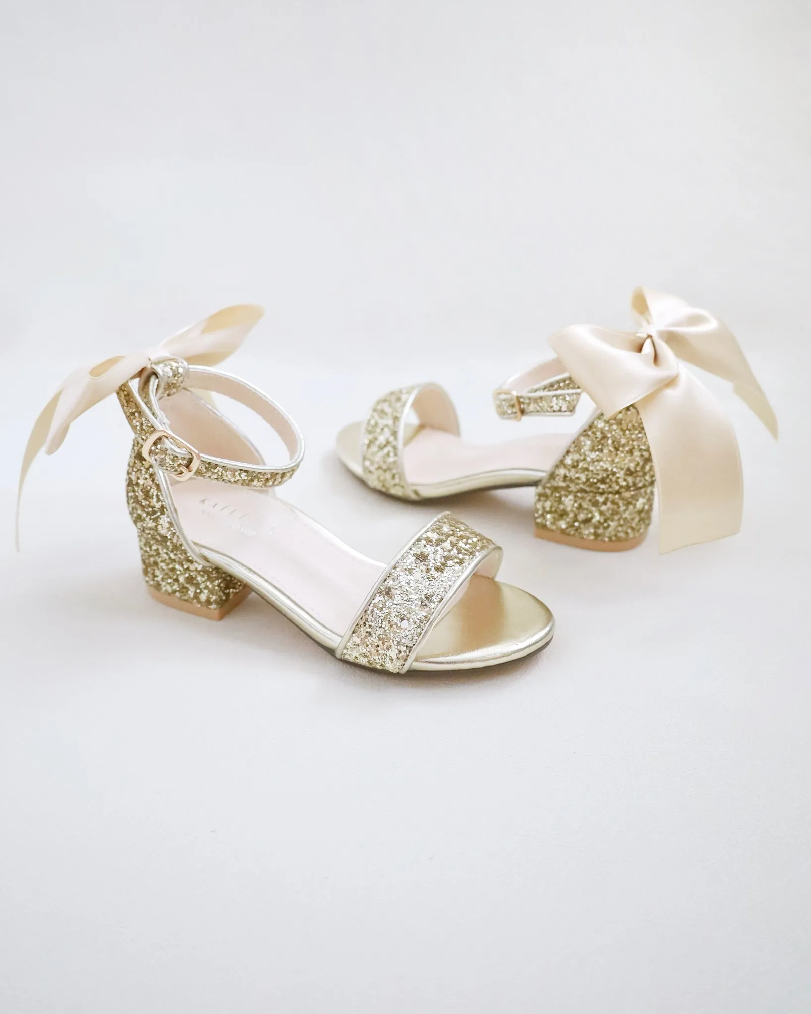 Gold Rock Glitter Low Block Heel Girls Sandals with Back Satin Bow