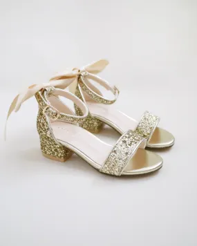 Gold Rock Glitter Low Block Heel Girls Sandals with Back Satin Bow