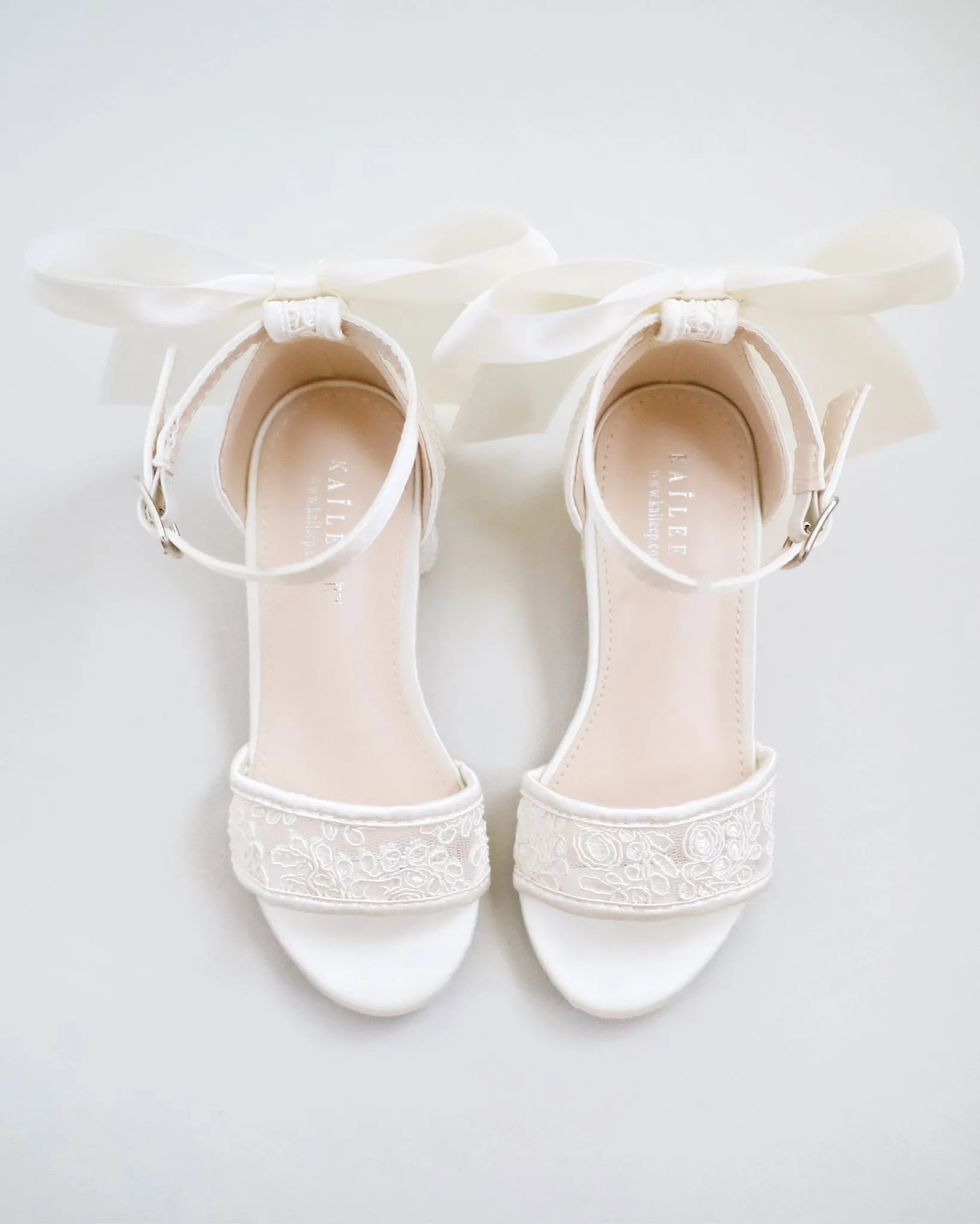 Ivory Crochet Lace Low Block Heel Girls Sandals with Back Satin Bow