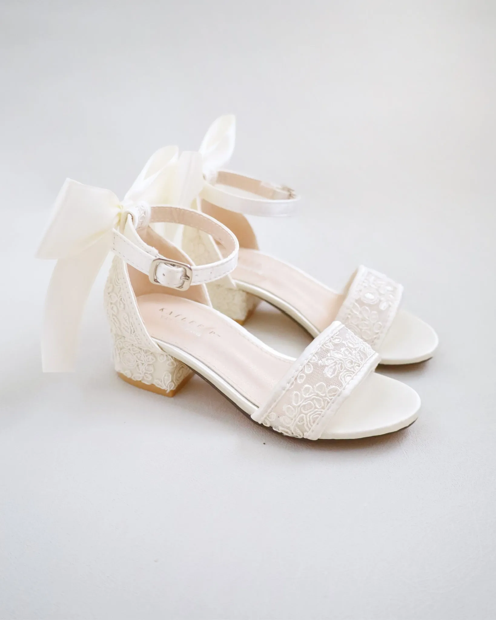 Ivory Crochet Lace Low Block Heel Girls Sandals with Back Satin Bow