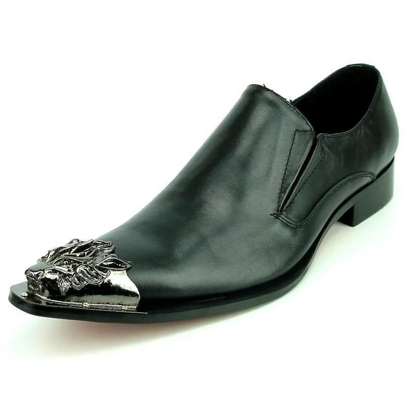 Men's Fiesso Black Leather Slip on Shoes with Gun Pointed Metal Toe FI 6909