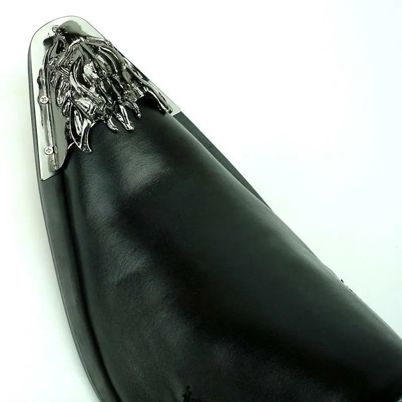 Men's Fiesso Black Leather Slip on Shoes with Gun Pointed Metal Toe FI 6909