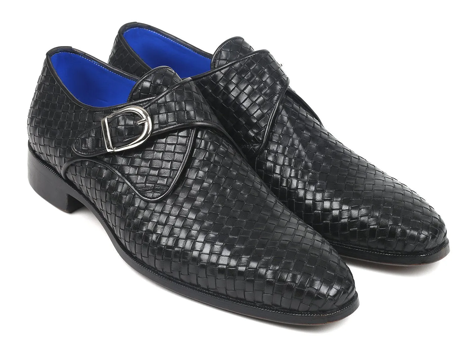 Paul Parkman Black Woven Leather Single Monkstraps (ID#011WN95)