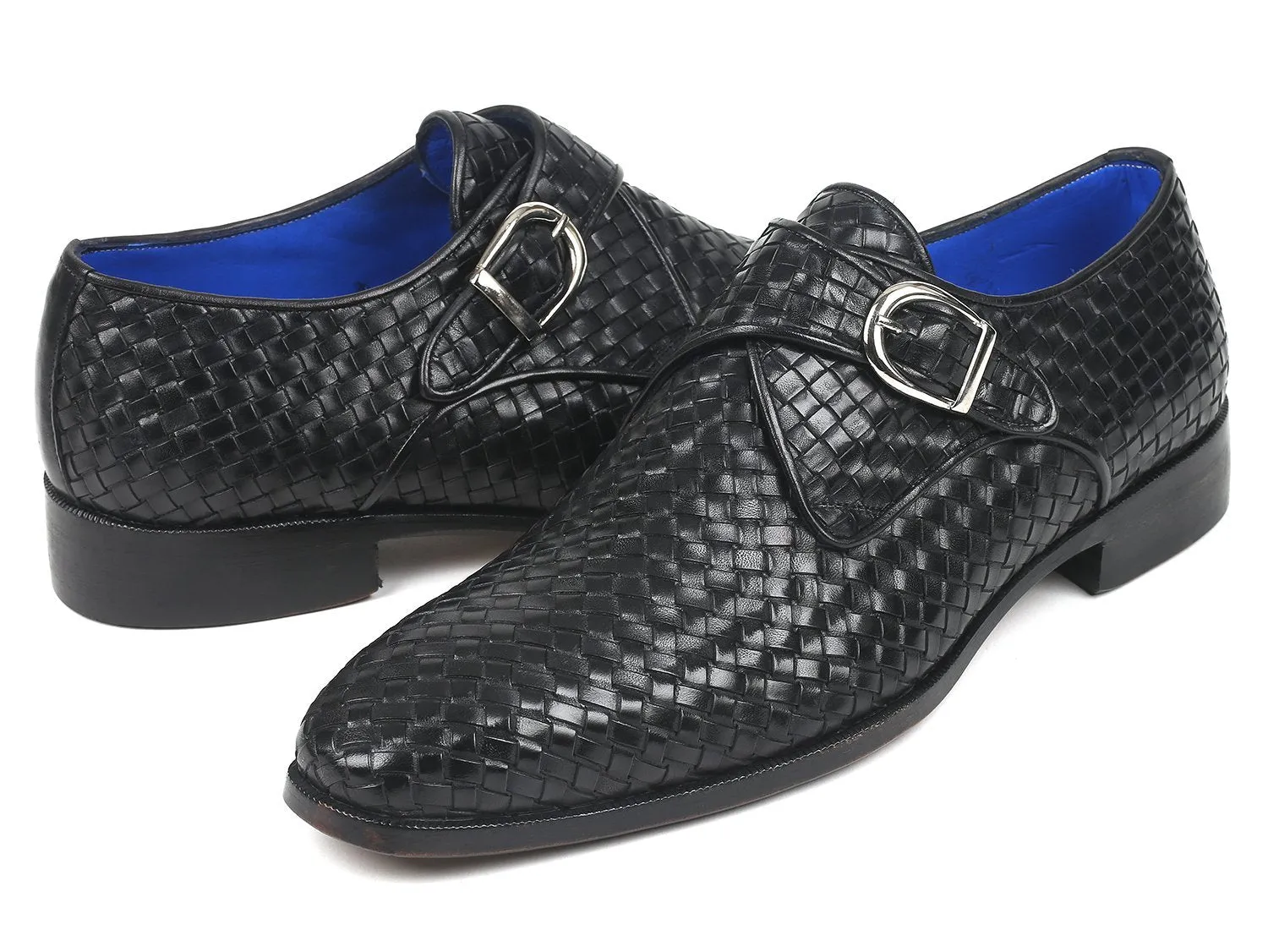 Paul Parkman Black Woven Leather Single Monkstraps (ID#011WN95)