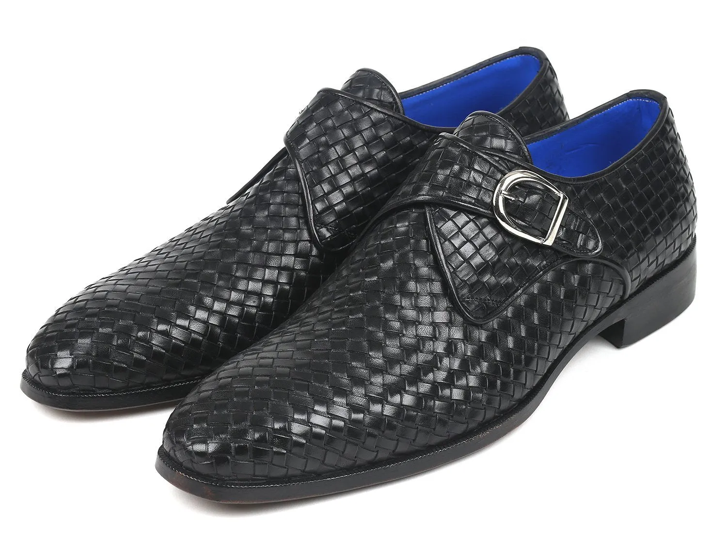 Paul Parkman Black Woven Leather Single Monkstraps (ID#011WN95)