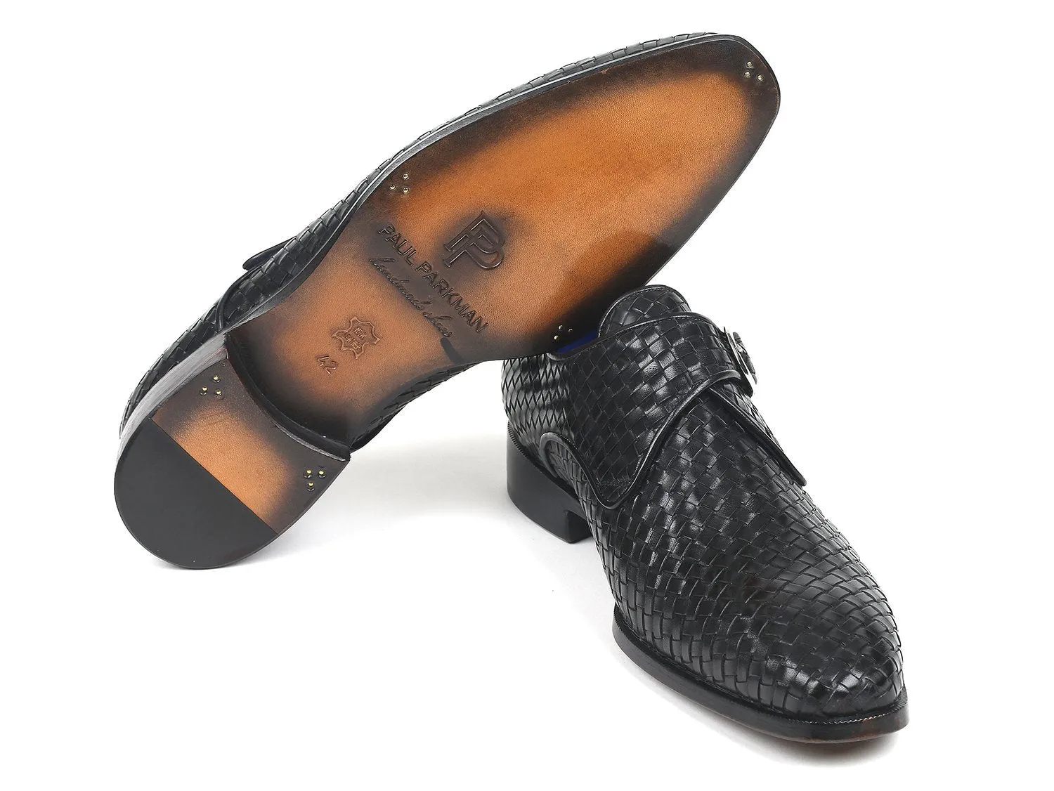 Paul Parkman Black Woven Leather Single Monkstraps (ID#011WN95)