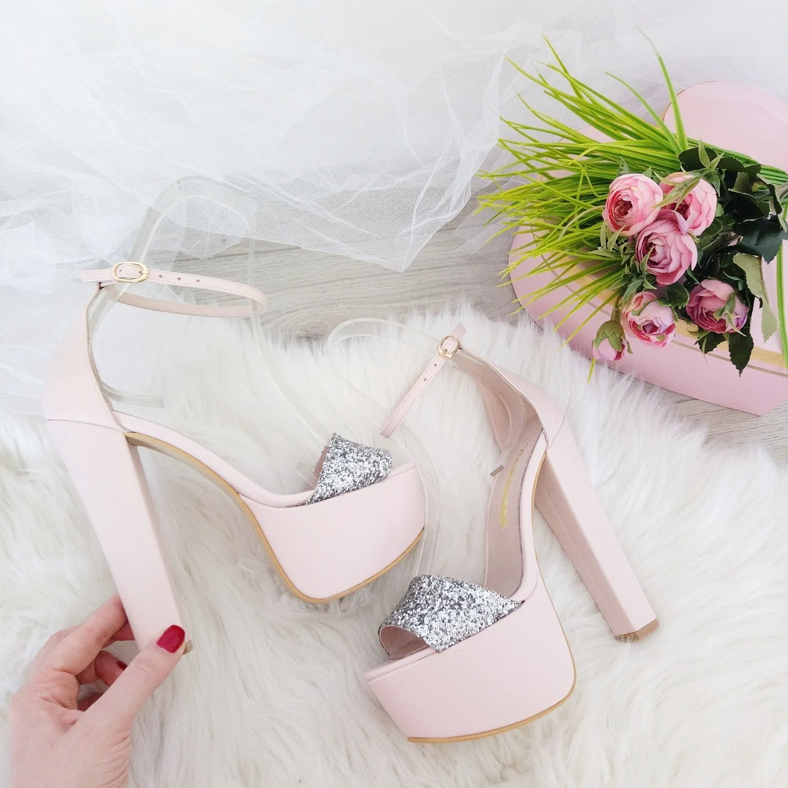 Powder Pink with Silver Shimmer Ankle Strap Platform Sandals