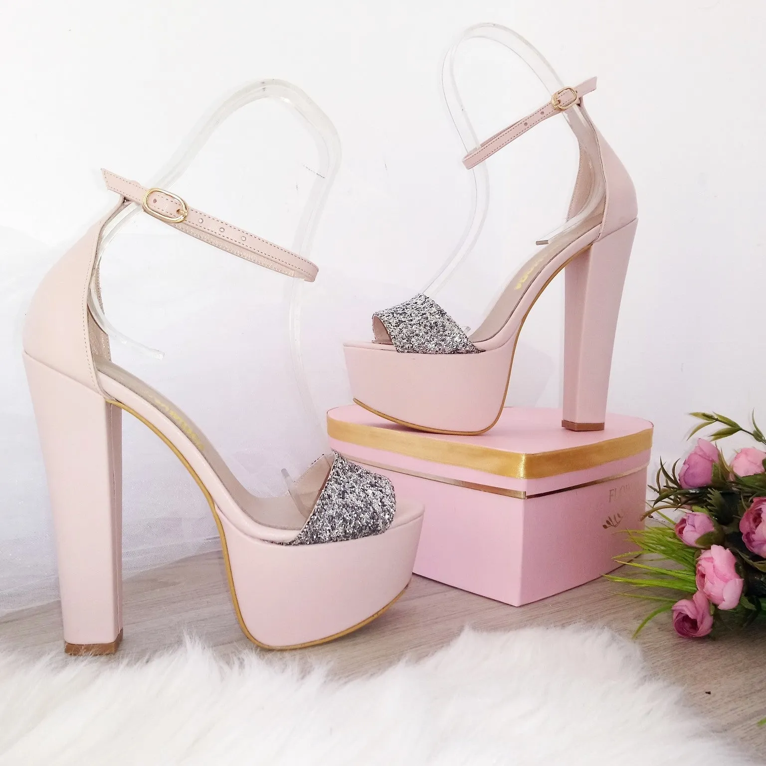 Powder Pink with Silver Shimmer Ankle Strap Platform Sandals