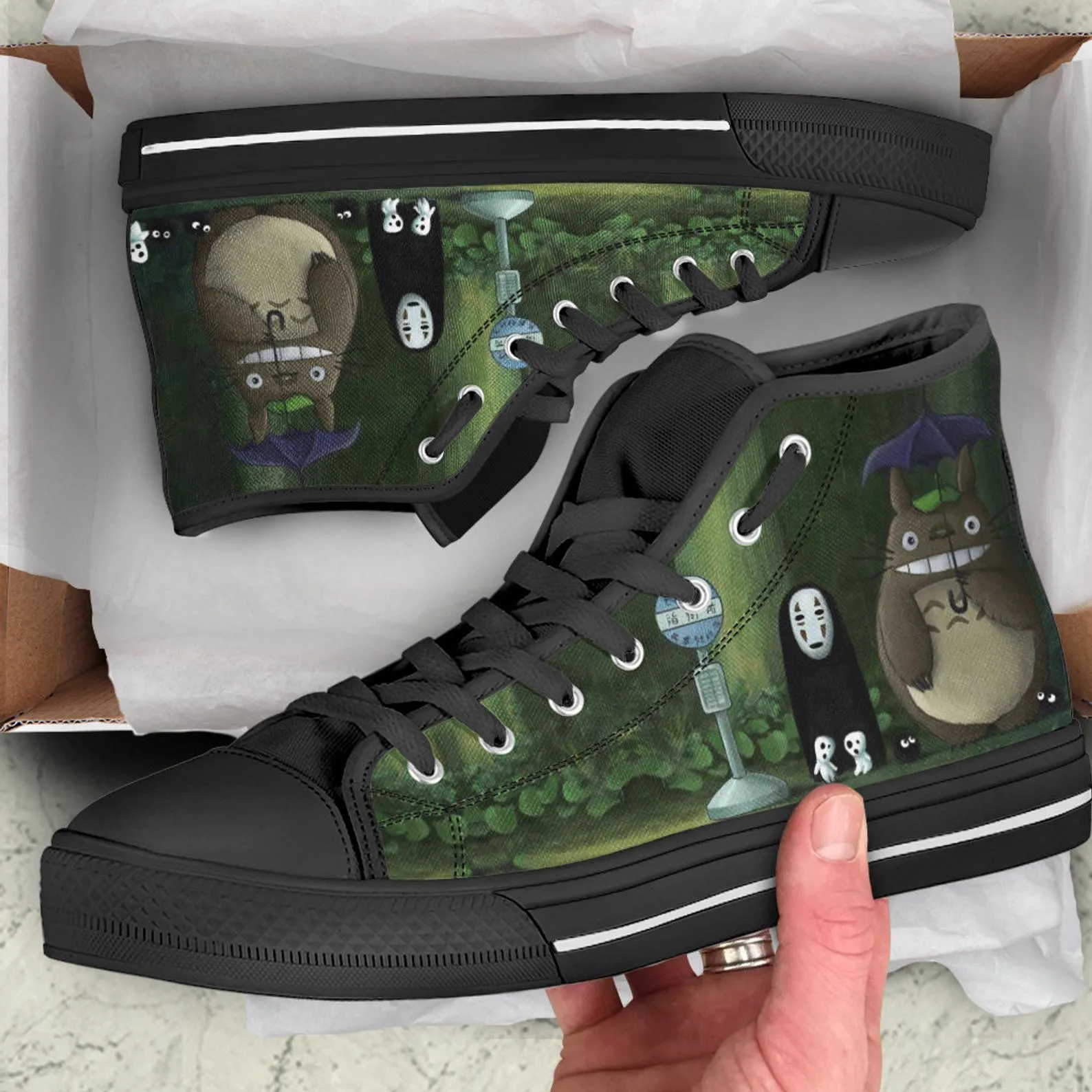 Spirited Away Shoes, Totoro Custom Shoes, My Neighbor Totoro Hightops, Anime Hi Tops, Ghibli Anime Shoes, No Face Shoes, Totoro And No Face