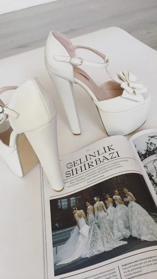 White Ribbon Bridal Platform Shoes