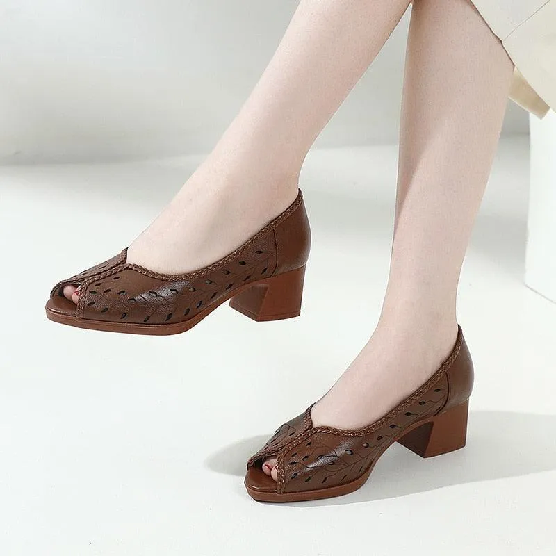 Women's Casual Shoes: Leather Mid Heel Hollow Sandals - KZ321